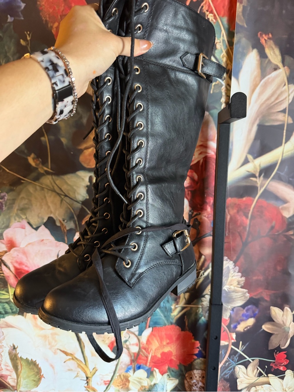 Black Lace Up Military Combat Moto Boots Round Toe Knee High Low Block Heel
